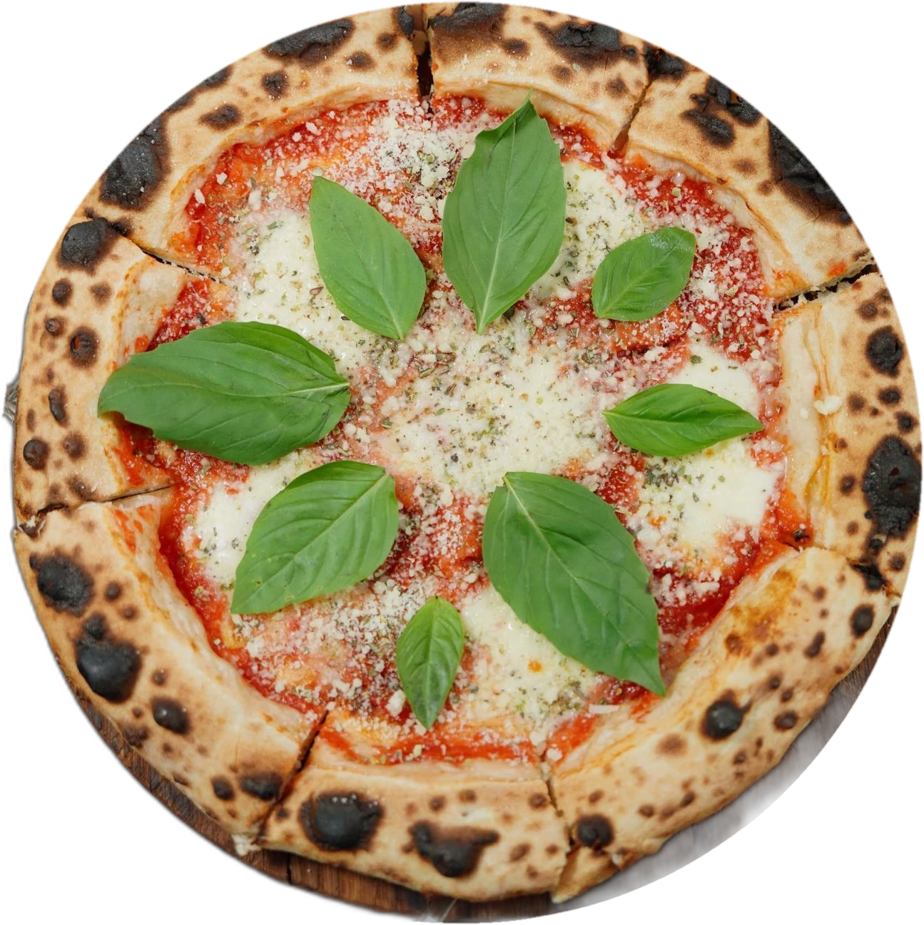 A hand-stretched wood-fired margherita, blistered fresh from the oven